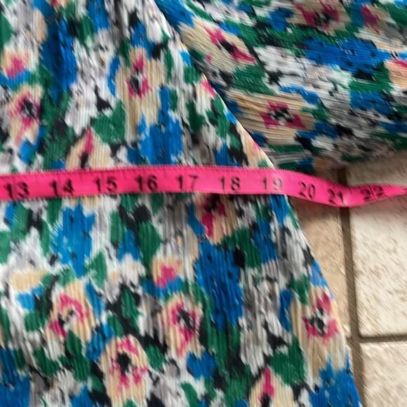 Ganni Pleated Georgette Ruffle V-Neck Blouse in Floral Azure Blue - Picture 14 of 16